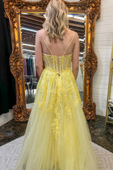 Long 2024 Yellow Floral Prom Dresses A-line Spaghetti Straps - MyChicDress